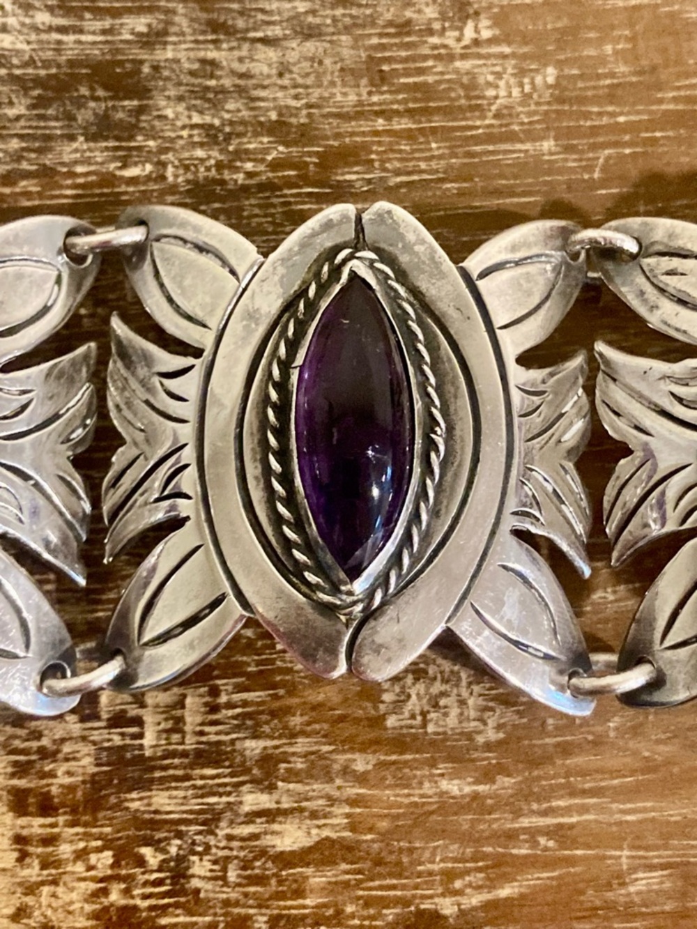 Vintage Mexican Silver & Purple Panel Bracelet • 83g • Handcrafted Boho Style - Picture 11 of 16